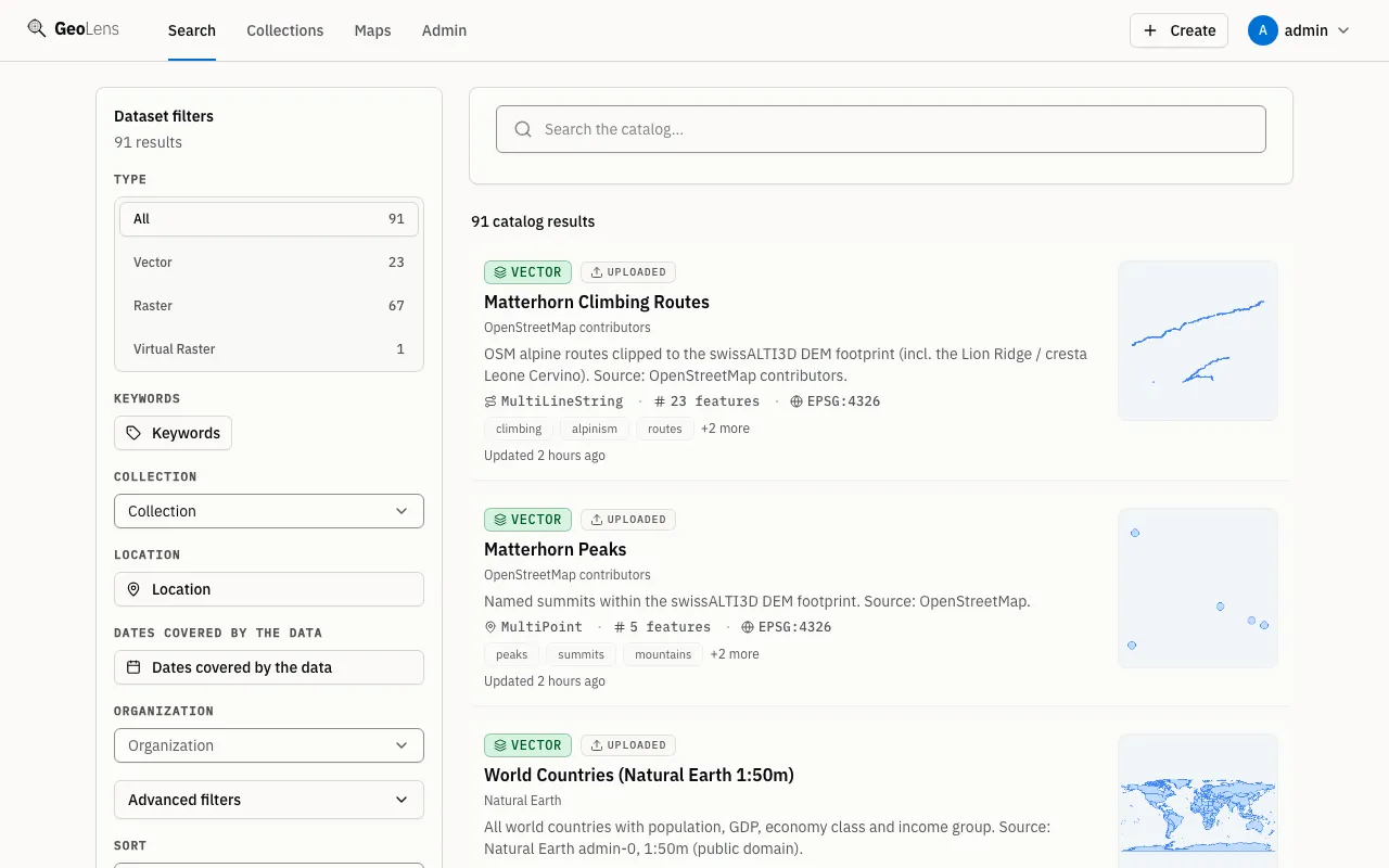 GeoLens catalog after running the demo seeder, signed in as admin: a search box above dataset cards for Matterhorn Climbing Routes, Matterhorn Peaks, and World Countries, with vector type badges, and a filter sidebar with type, keywords, collection, location, and organization