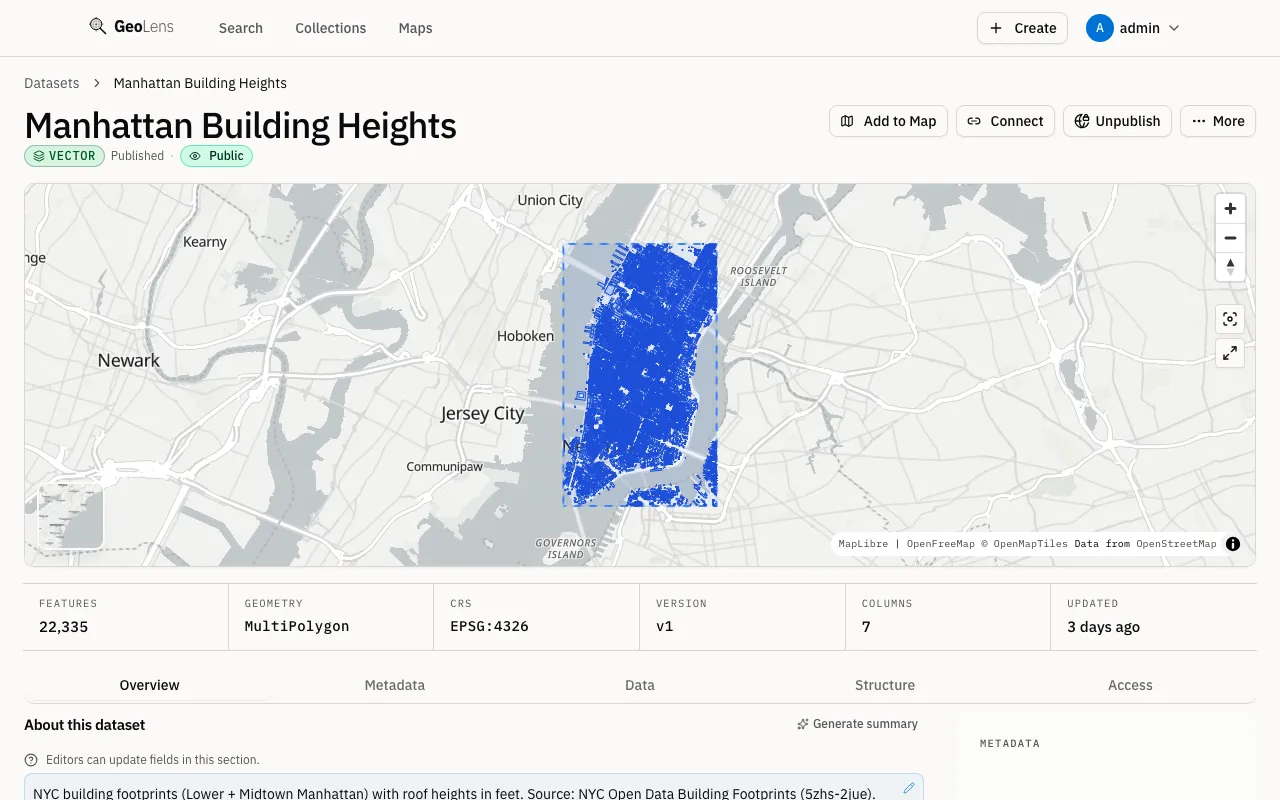 GeoLens dataset detail page for the Manhattan Building Heights showcase dataset, showing badges, feature and CRS metadata, and an interactive map preview of the dataset extent