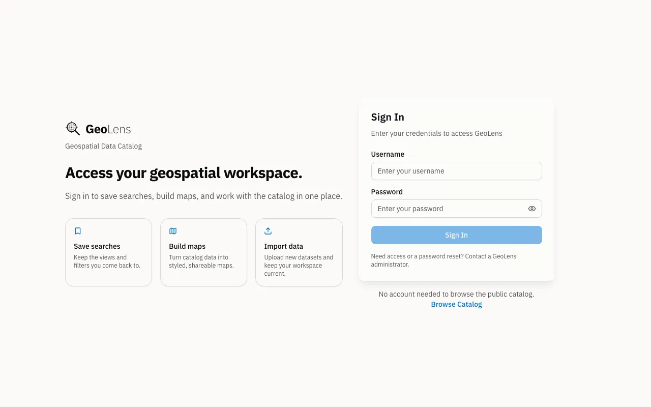 GeoLens login page at localhost:8080 — a centered username and password card beside the GeoLens reticle logo and Save searches, Build maps, and Import data highlights