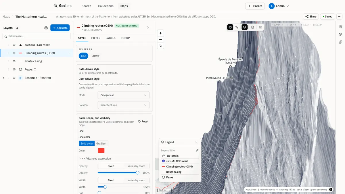 The GeoLens map builder: a 3D terrain map of the Matterhorn (swissALTI3D lidar) with the layer stack on the left and a vector layer's style editor open