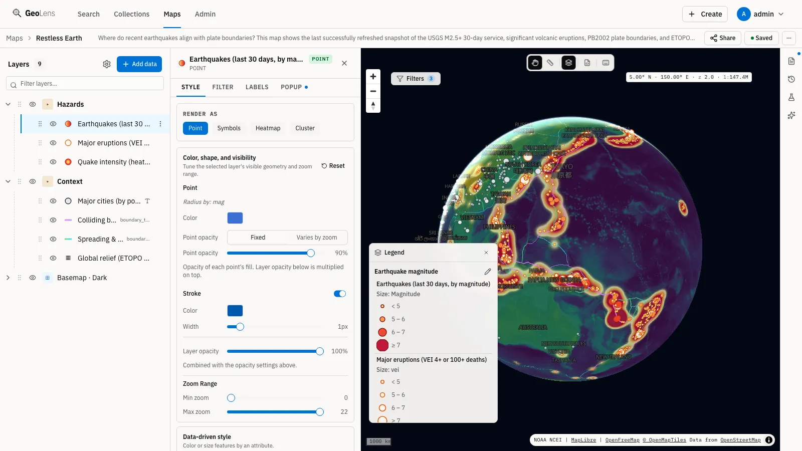 The GeoLens map builder: the multi-layer Restless Earth map (earthquakes, volcanic eruptions, tectonic plate boundaries, and a quake-intensity heatmap over global relief) with its seven layers grouped as Hazards and Context in the stack on the left and the earthquake style editor open